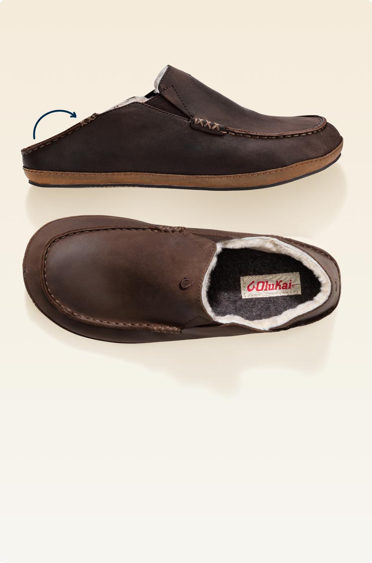 Premium Materials Sub-Message: Everything you need in a house slipper with heavily waxed nubuck leather, warm shearling, and our collapsible Drop-In Heel®. Background